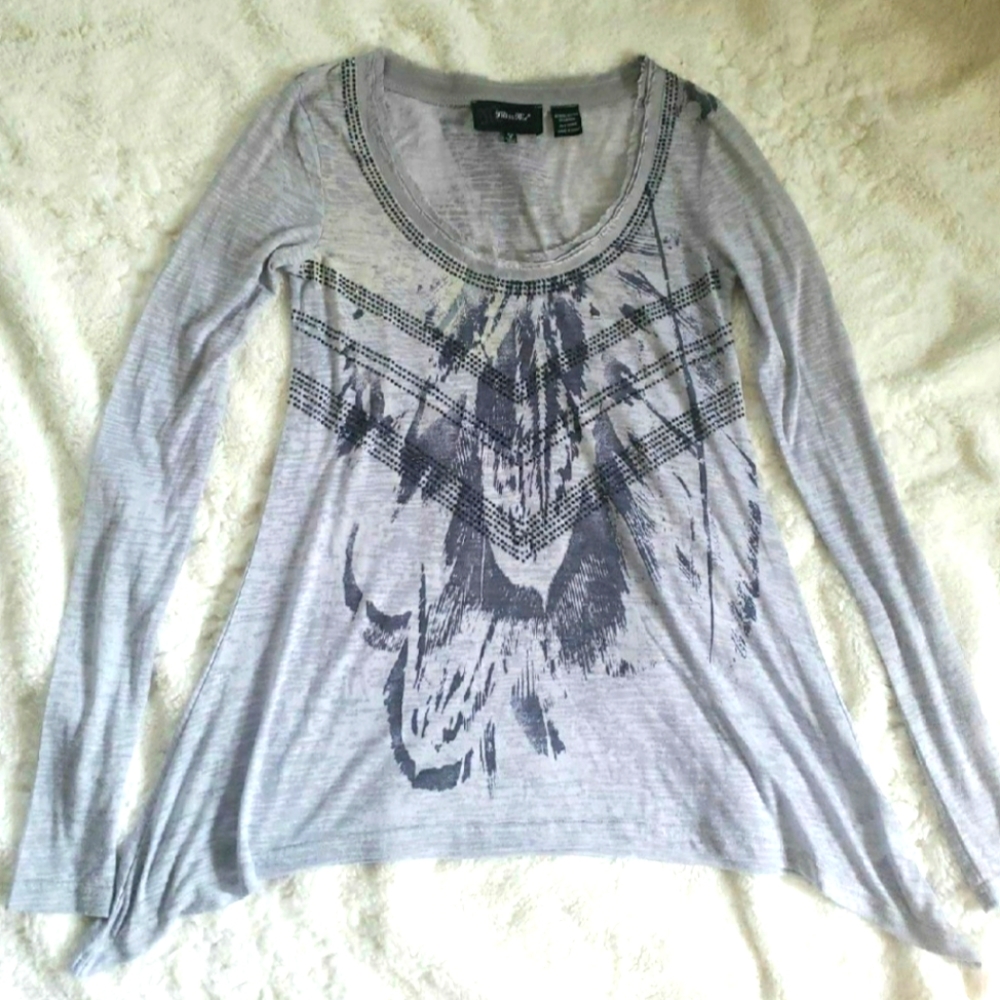 Miss Me Bling Long Sleeve Blouse Rhinestone Jewel Top Grey White Women's Small